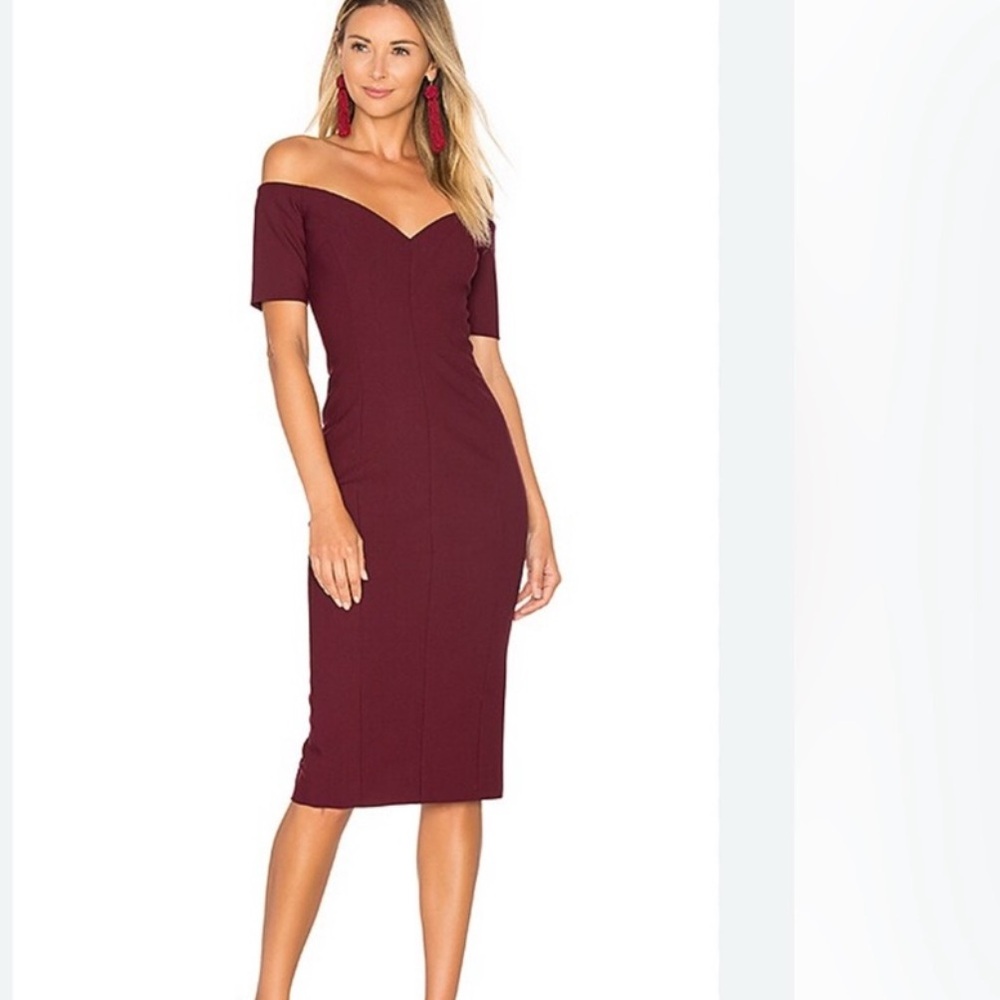 Cinq a Sept Red Off-Shoulder Bodycon Midi Dress